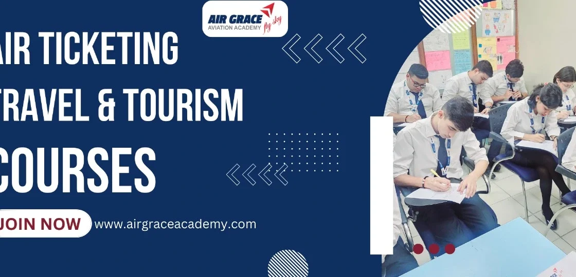 Air Ticketing, Travel and Tourism, Aviation courses written in bold white text and a image with students learning, with cta and contact info