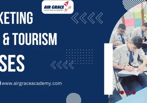 Air Ticketing, Travel and Tourism, Aviation courses written in bold white text and a image with students learning, with cta and contact info